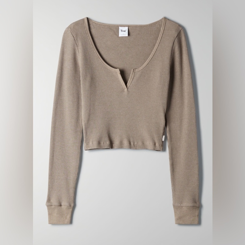 Aritzia TNA - Waffle Scoopneck Soft Knit Brown Gingham Long Sleeve Top in Size S